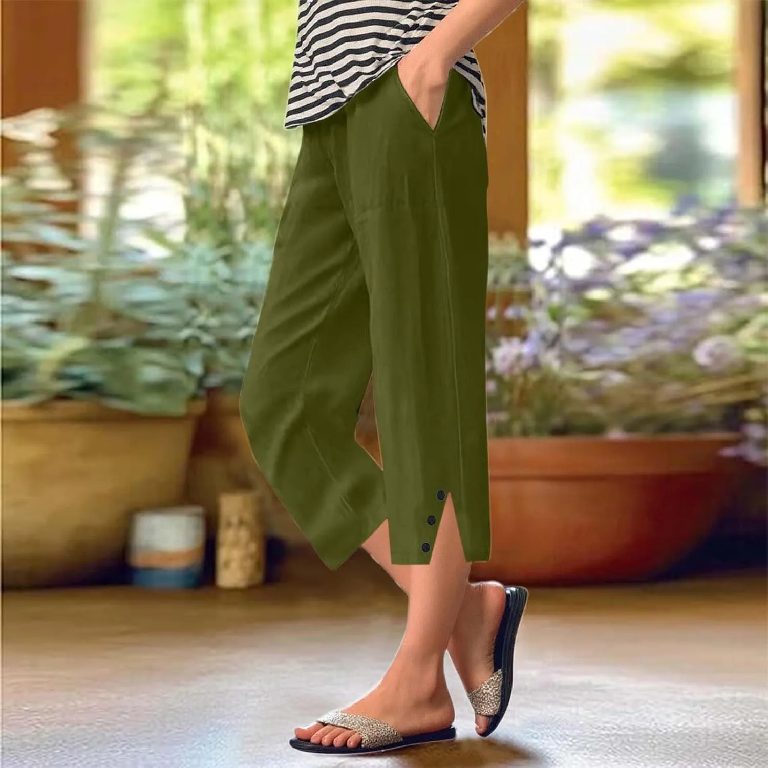 Linen Pants Women Cropped Loose High Waisted Lightweight Spring Summer Pants Palazzo Trousers Beach Travel Vacation Outfits