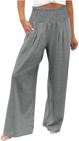 Linen Pants Women Drawstring Waist Wide Leg Linen Pants High Waist Summer Casual Pants Pockets Vacation Beach Trousers