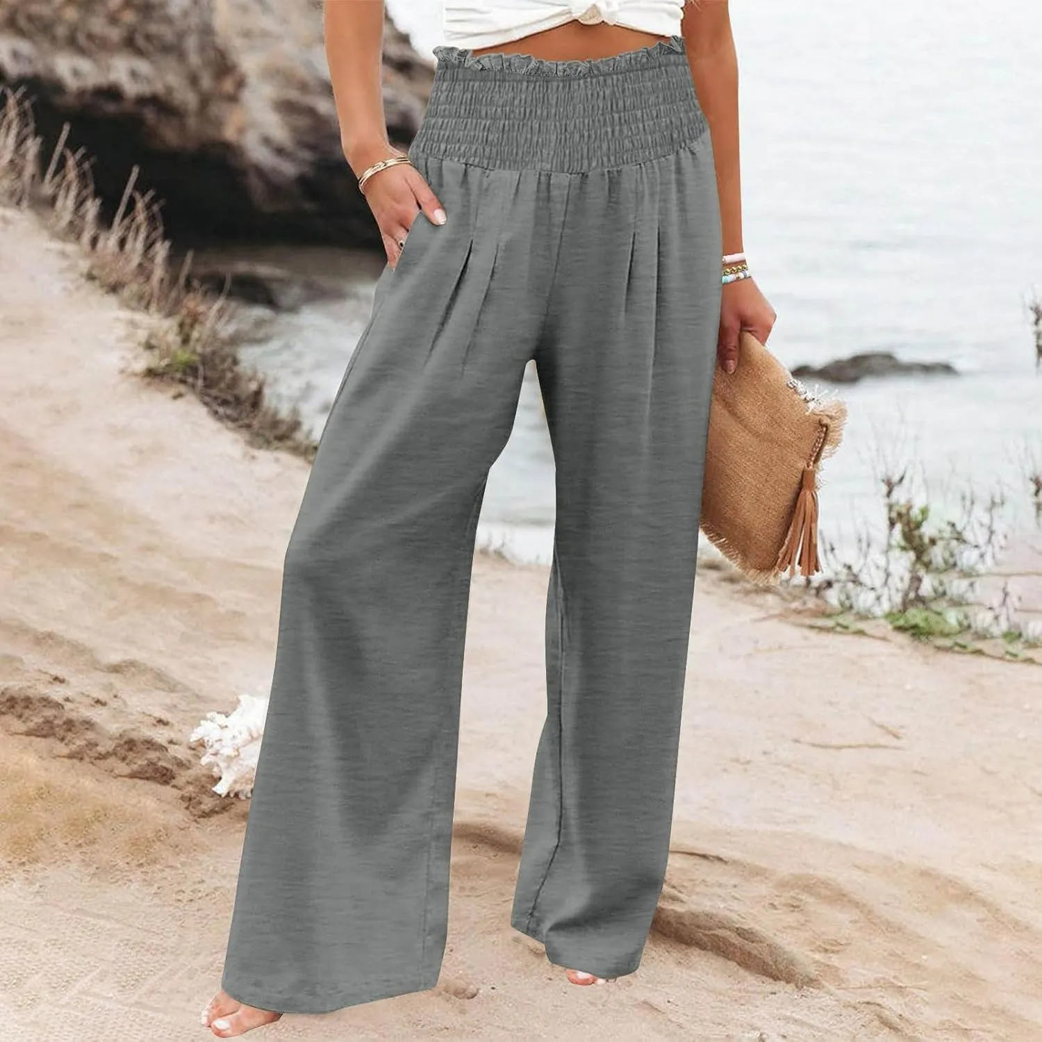 Linen Pants Women Drawstring Waist Wide Leg Linen Pants High Waist Summer Casual Pants Pockets Vacation Beach Trousers