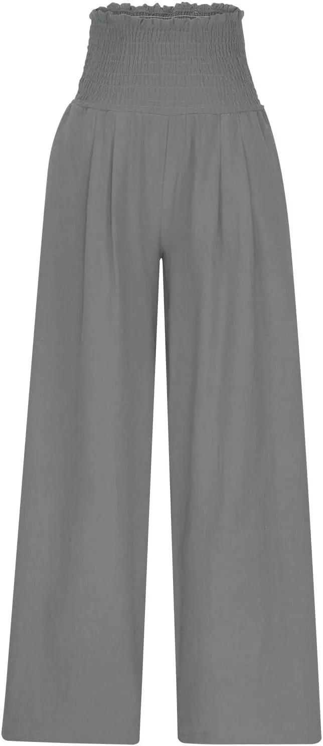 Linen Pants Women Drawstring Waist Wide Leg Linen Pants High Waist Summer Casual Pants Pockets Vacation Beach Trousers