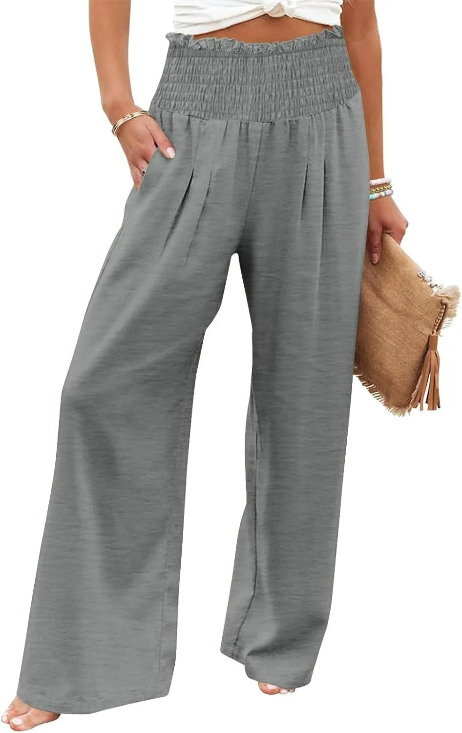 Linen Pants Women Drawstring Waist Wide Leg Linen Pants High Waist Summer Casual Pants Pockets Vacation Beach Trousers