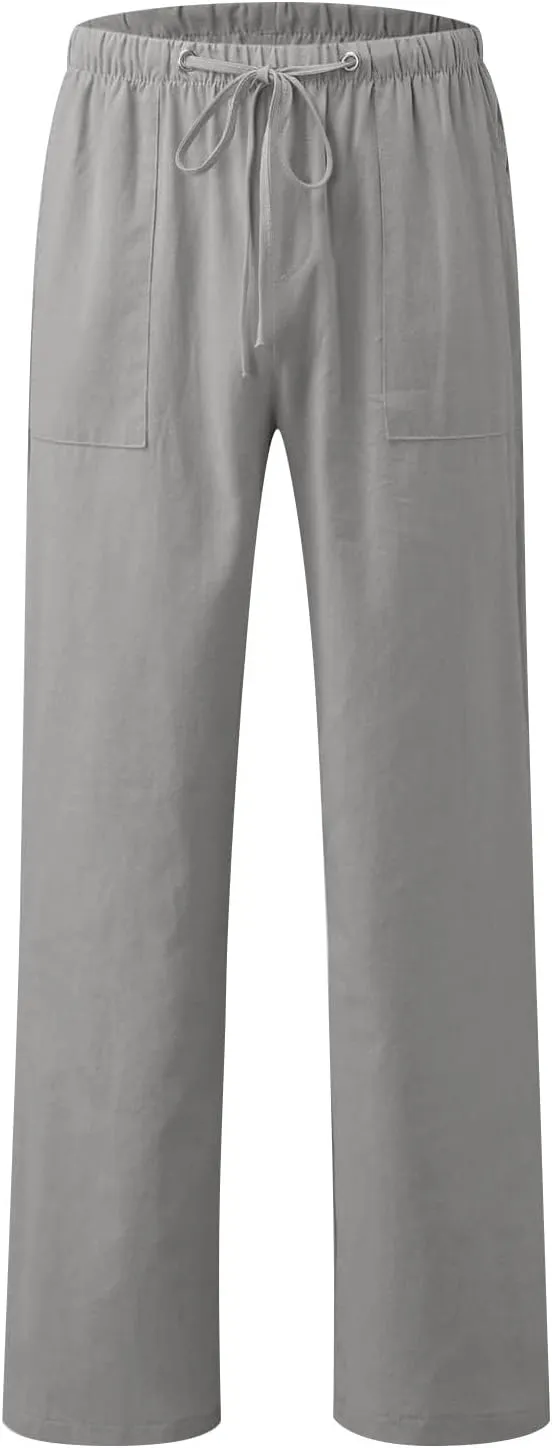 Linen Pants Women Elastic High Waisted Drawstring Wide Leg Trousers Baggy Flowy Palazzo Lounge Pants with Pockets