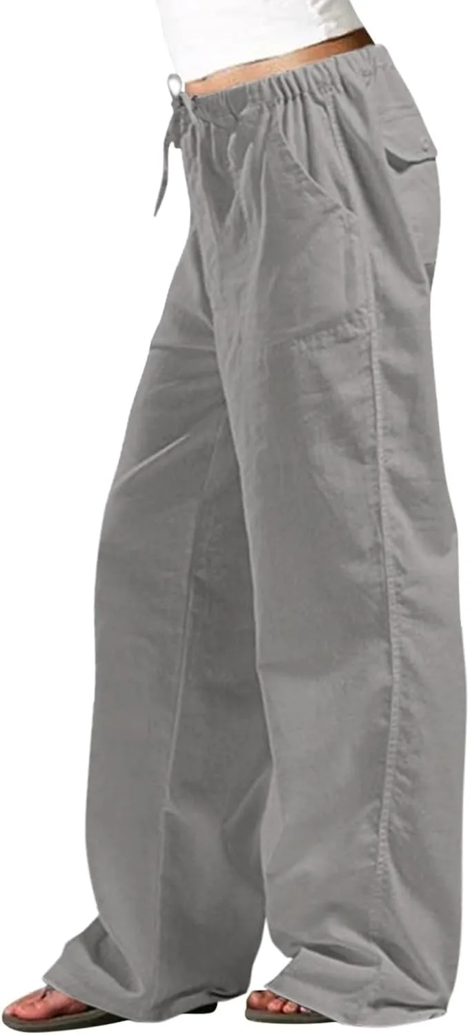 Linen Pants Women Elastic High Waisted Drawstring Wide Leg Trousers Baggy Flowy Palazzo Lounge Pants with Pockets