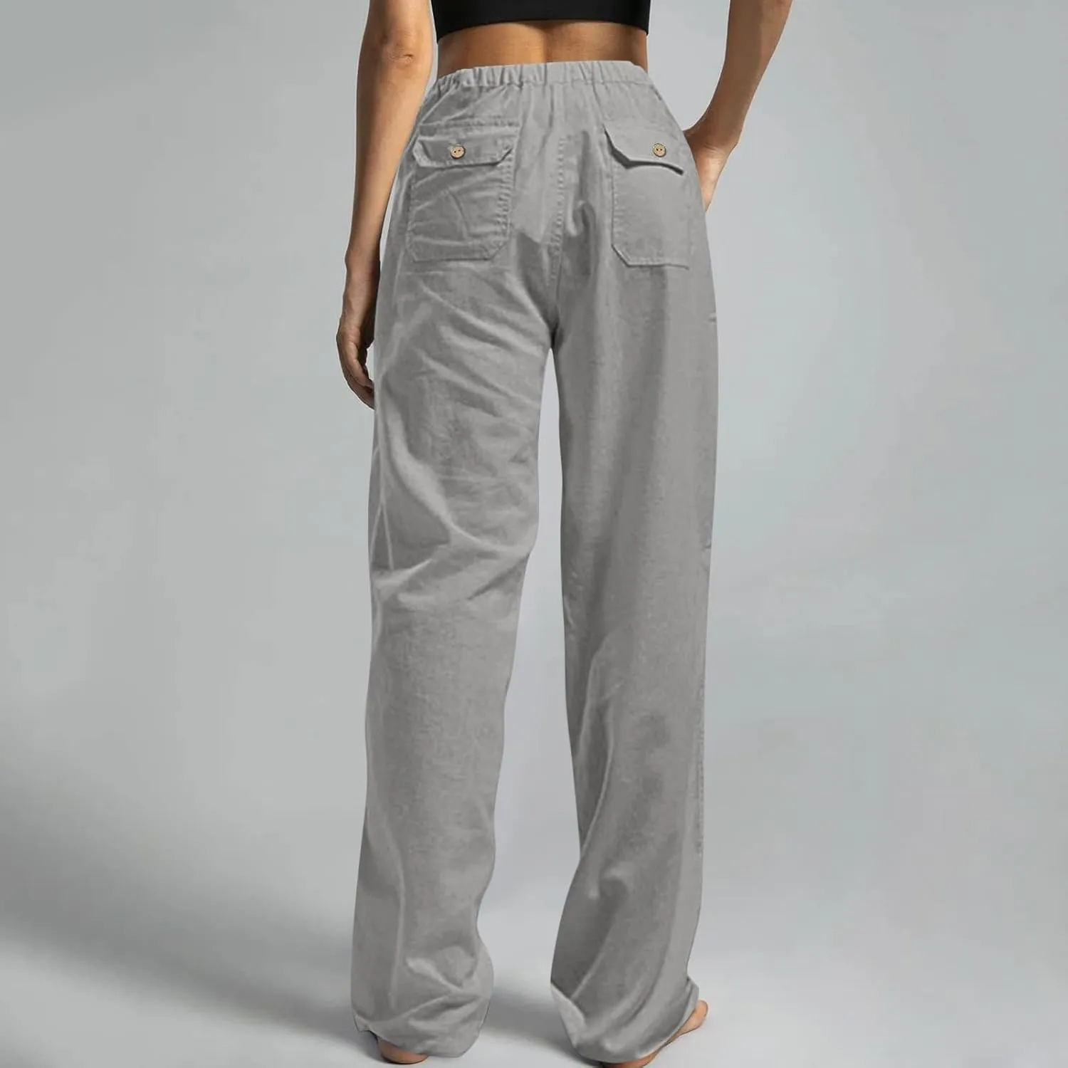 Linen Pants Women Elastic High Waisted Drawstring Wide Leg Trousers Baggy Flowy Palazzo Lounge Pants with Pockets
