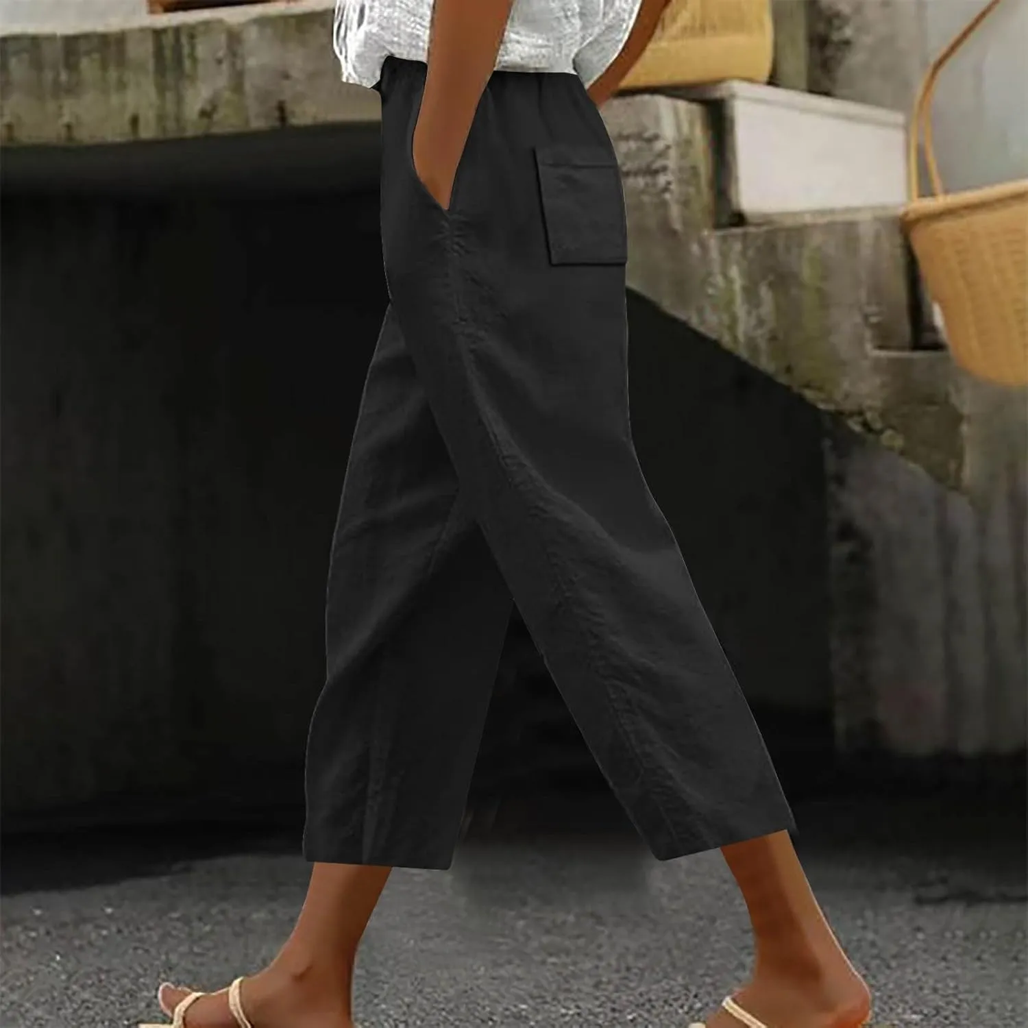 Linen Pants Women High Waisted Straight Leg Cropped Capri Pants Summer Lounge Work Pants Beach Pants Trousers 2025