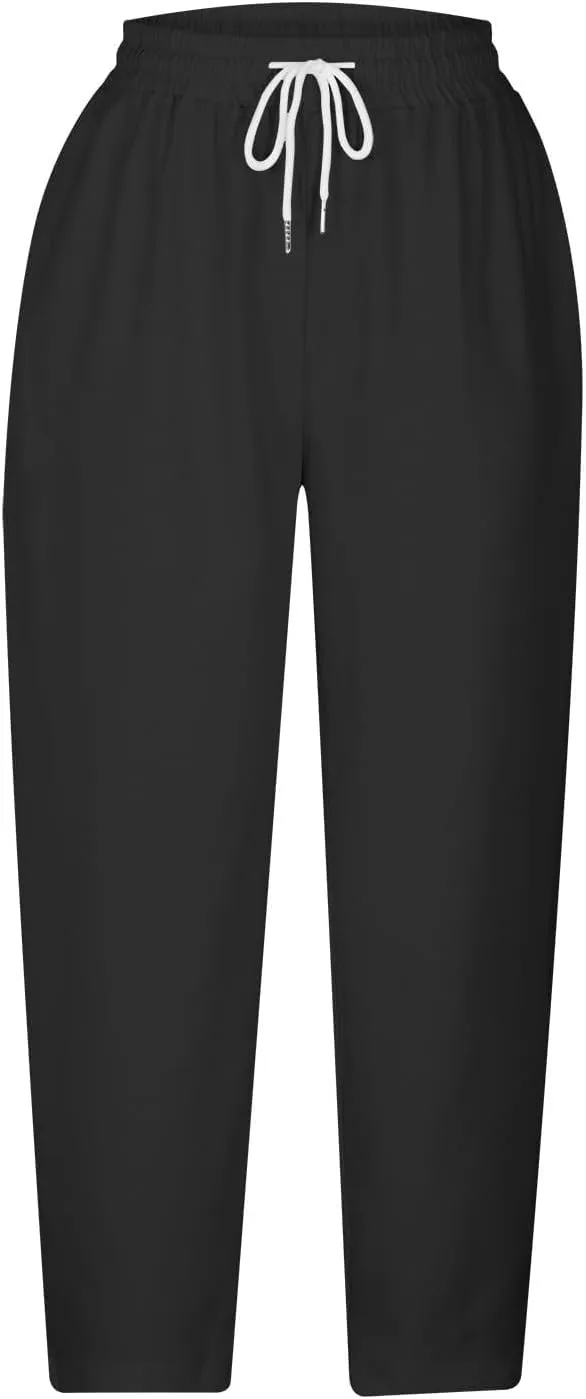 Linen Pants Women High Waisted Straight Leg Cropped Capri Pants Summer Lounge Work Pants Beach Pants Trousers 2025