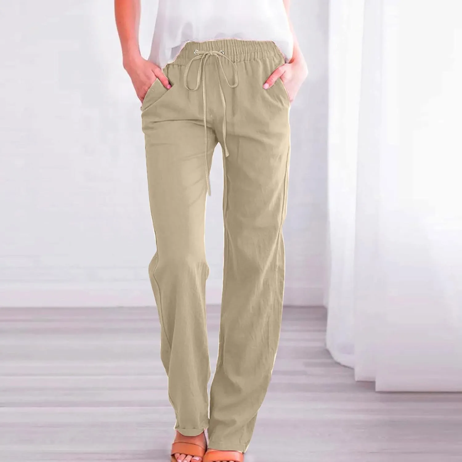 Linen Pants Women Summer Casual Lounge Pants Elastic High Waisted Long Pants Loose Fit Trousers with Pockets Slacks