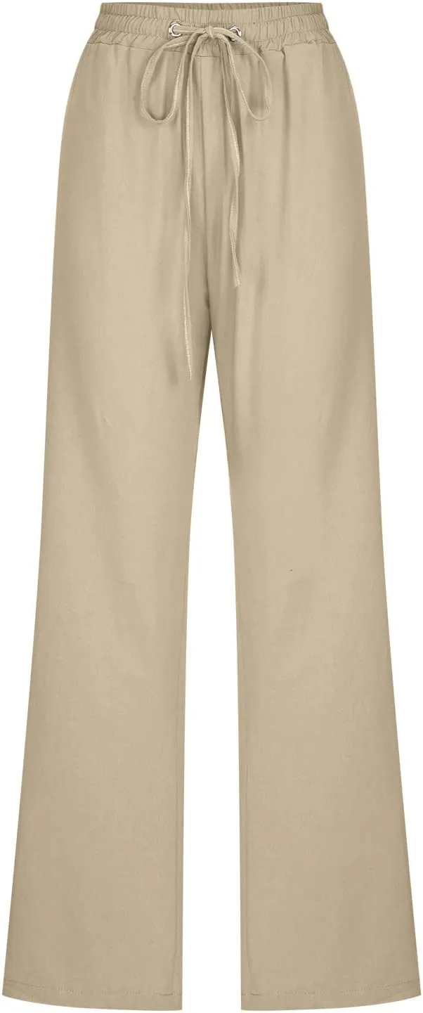 Linen Pants Women Summer Casual Lounge Pants Elastic High Waisted Long Pants Loose Fit Trousers with Pockets Slacks