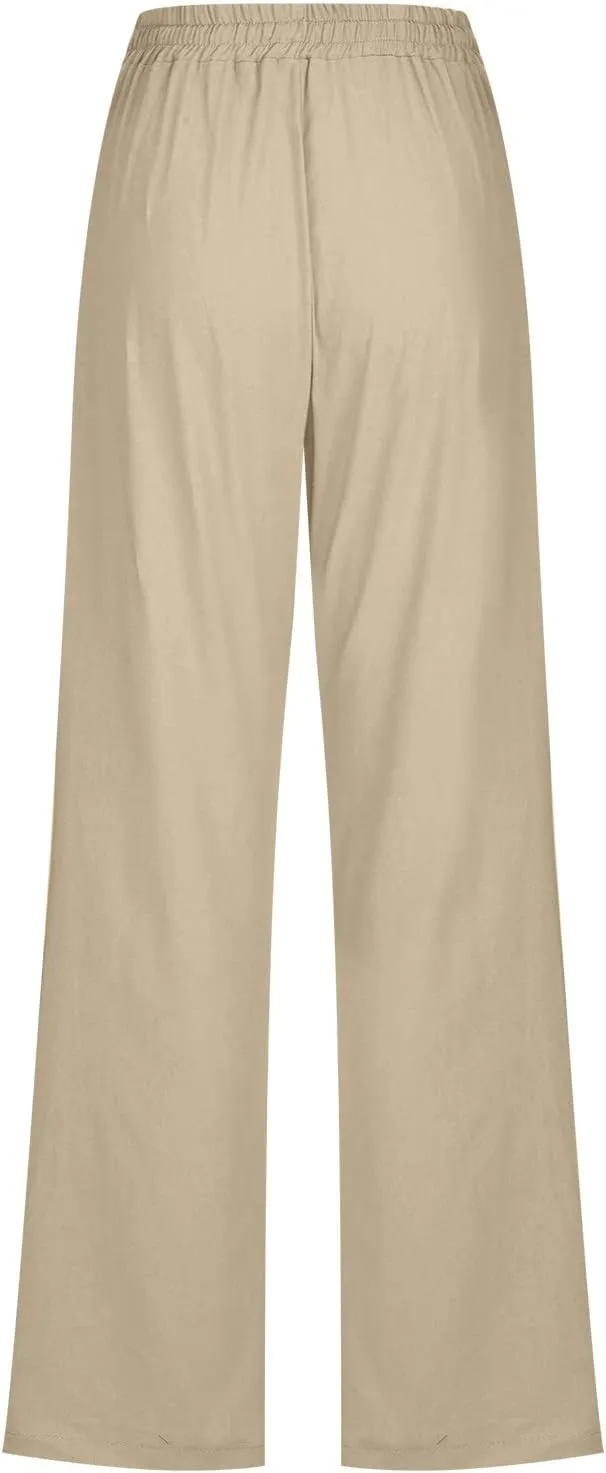 Linen Pants Women Summer Casual Lounge Pants Elastic High Waisted Long Pants Loose Fit Trousers with Pockets Slacks