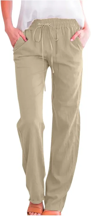 Linen Pants Women Summer Casual Lounge Pants Elastic High Waisted Long Pants Loose Fit Trousers with Pockets Slacks