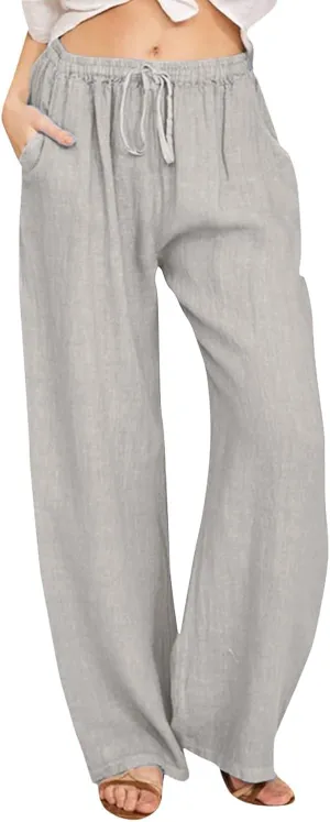 Linen Pants Women Summer High Waisted Drawstring Lounge Pants Wide Leg Beach Casual Trousers with Pockets