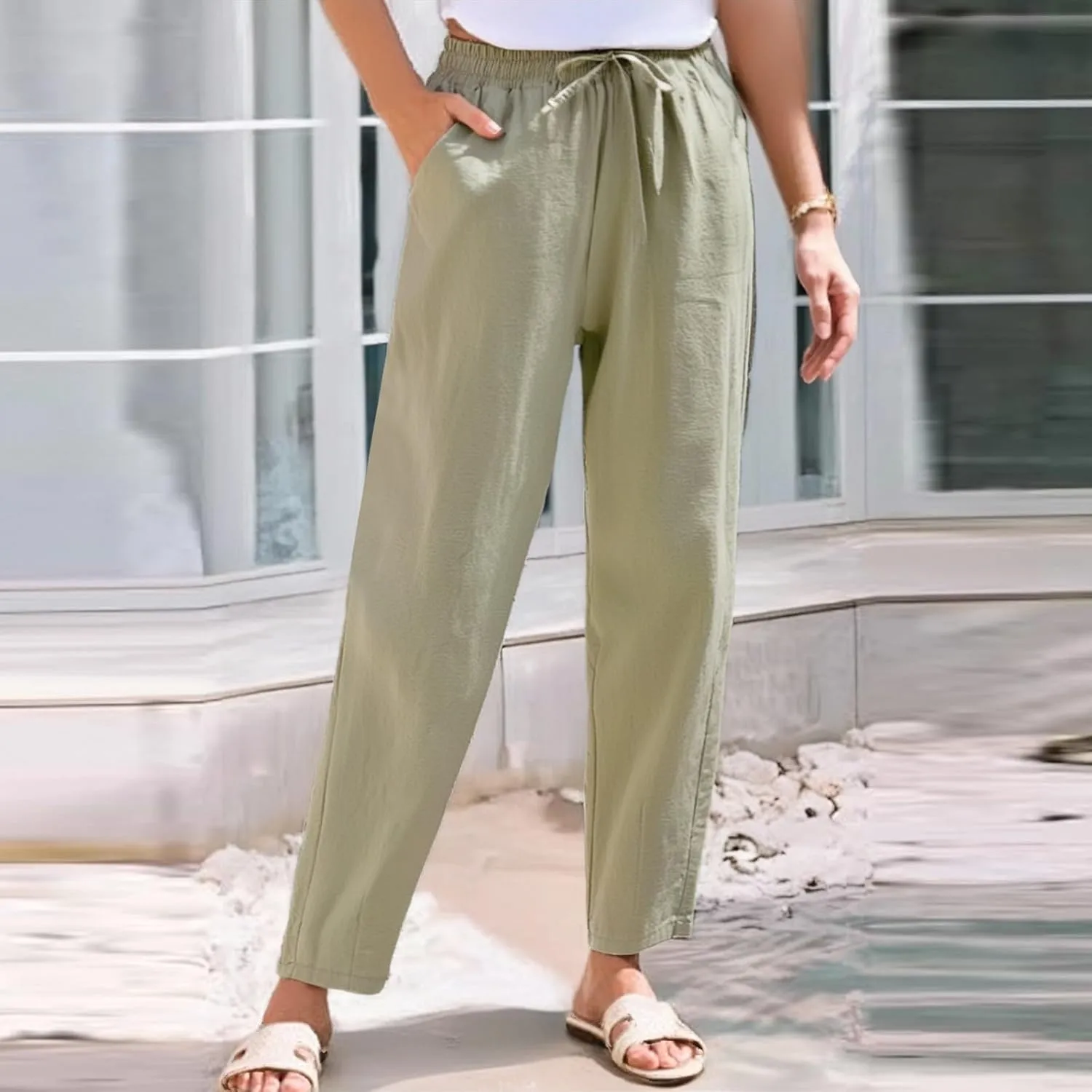 Linen Pants Women Summer Straight Leg Drawstring Palazzo Pants High Elastic Waist Trousers with Pockets