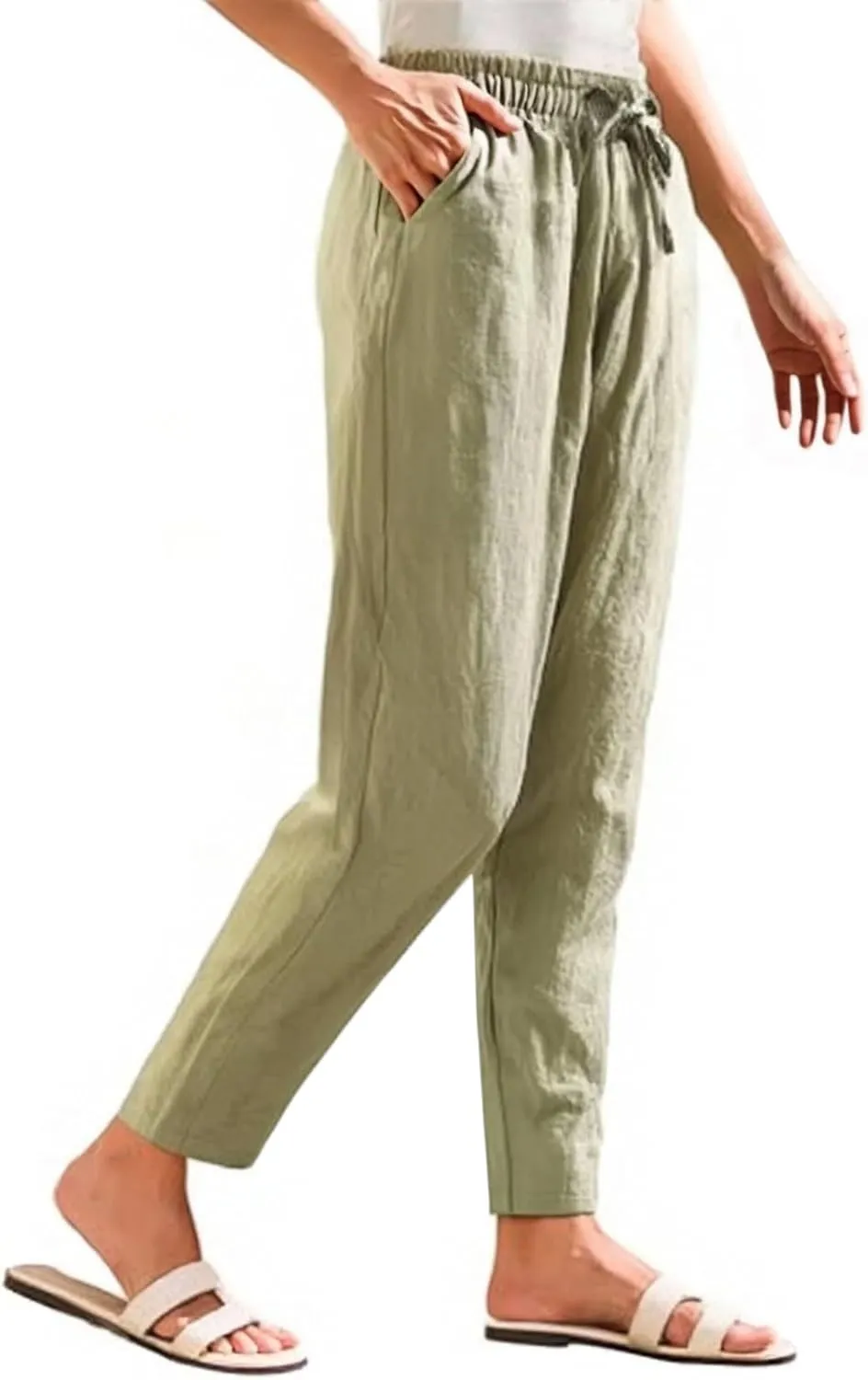 Linen Pants Women Summer Straight Leg Drawstring Palazzo Pants High Elastic Waist Trousers with Pockets
