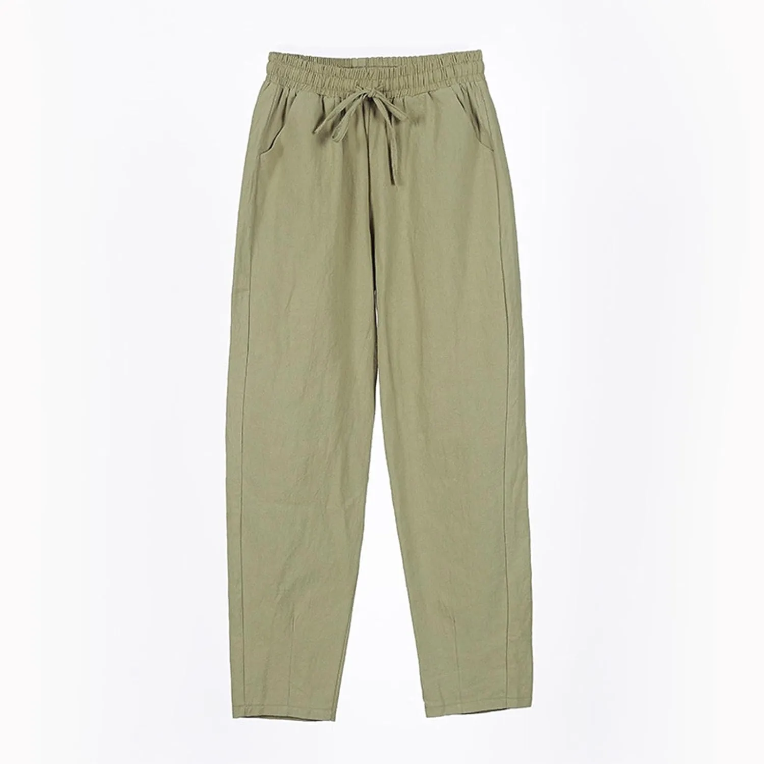 Linen Pants Women Summer Straight Leg Drawstring Palazzo Pants High Elastic Waist Trousers with Pockets