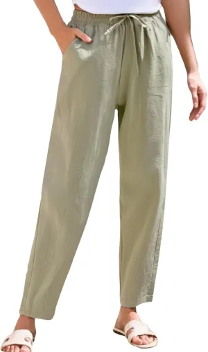 Linen Pants Women Summer Straight Leg Drawstring Palazzo Pants High Elastic Waist Trousers with Pockets
