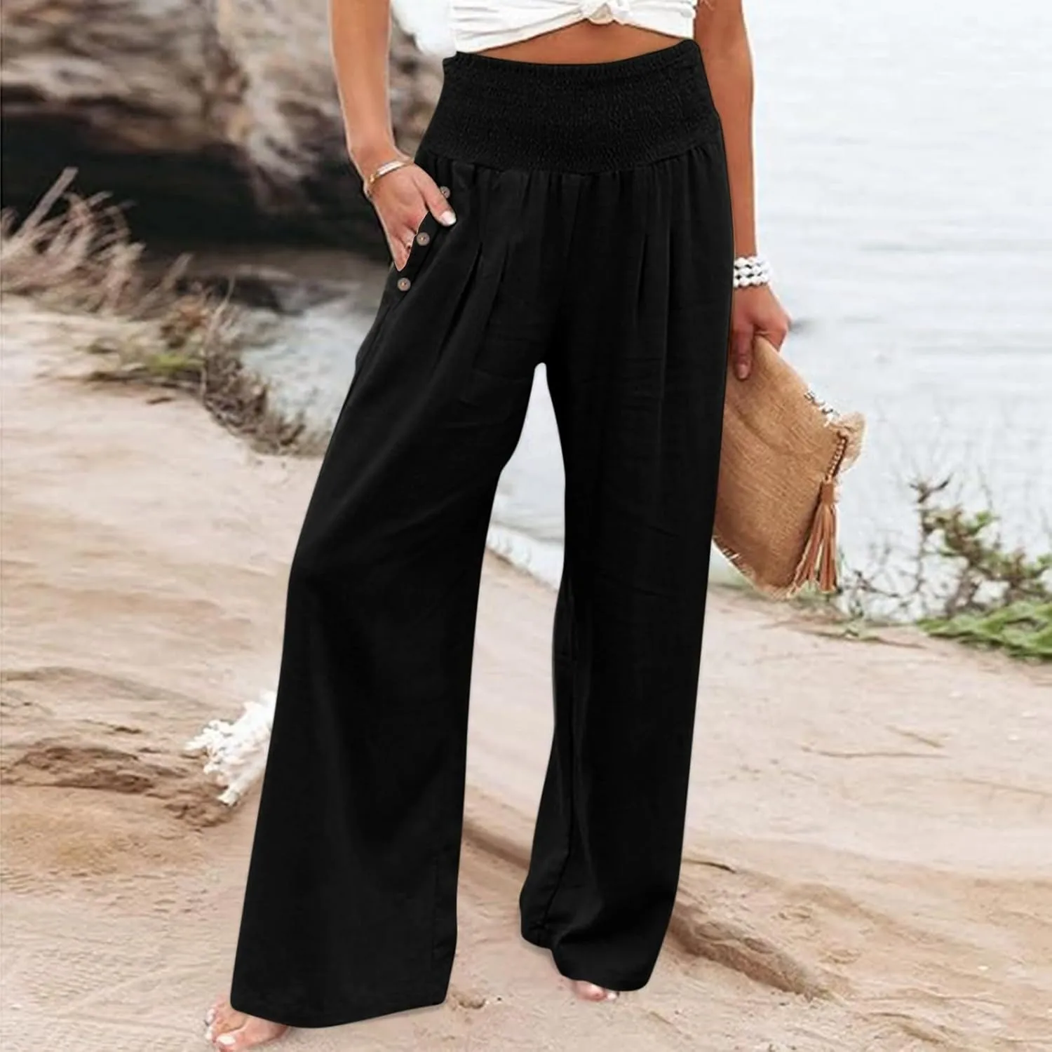 Linen Pants Women Summer Wide Leg High Waist Smocked Palazzo Pants Beach Travel Trousers with Pockets Boho Flowy Work Pants