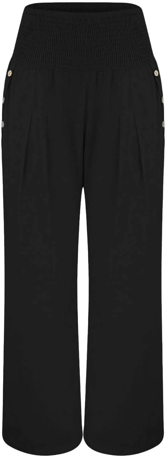 Linen Pants Women Summer Wide Leg High Waist Smocked Palazzo Pants Beach Travel Trousers with Pockets Boho Flowy Work Pants