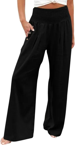 Linen Pants Women Summer Wide Leg High Waist Smocked Palazzo Pants Beach Travel Trousers with Pockets Boho Flowy Work Pants