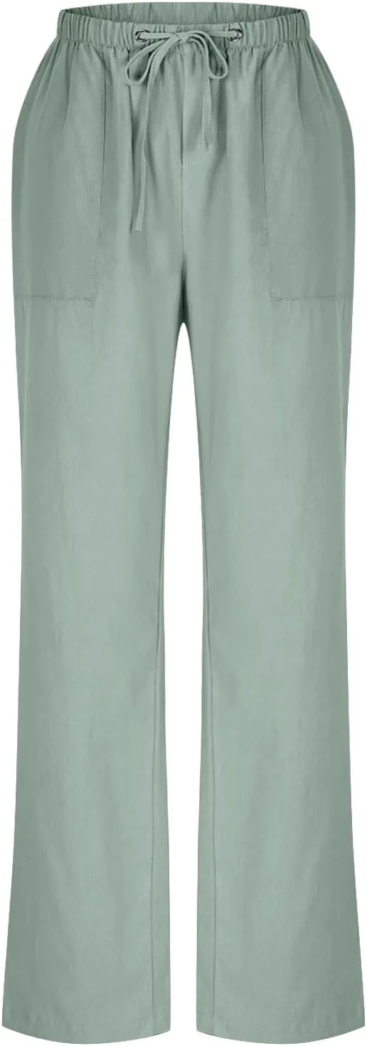 Linen Pants Women Summer Wide Leg High Waisted Casual Pant Drawstring Elastic Waist Palazzo Beach Trousers with Pockets