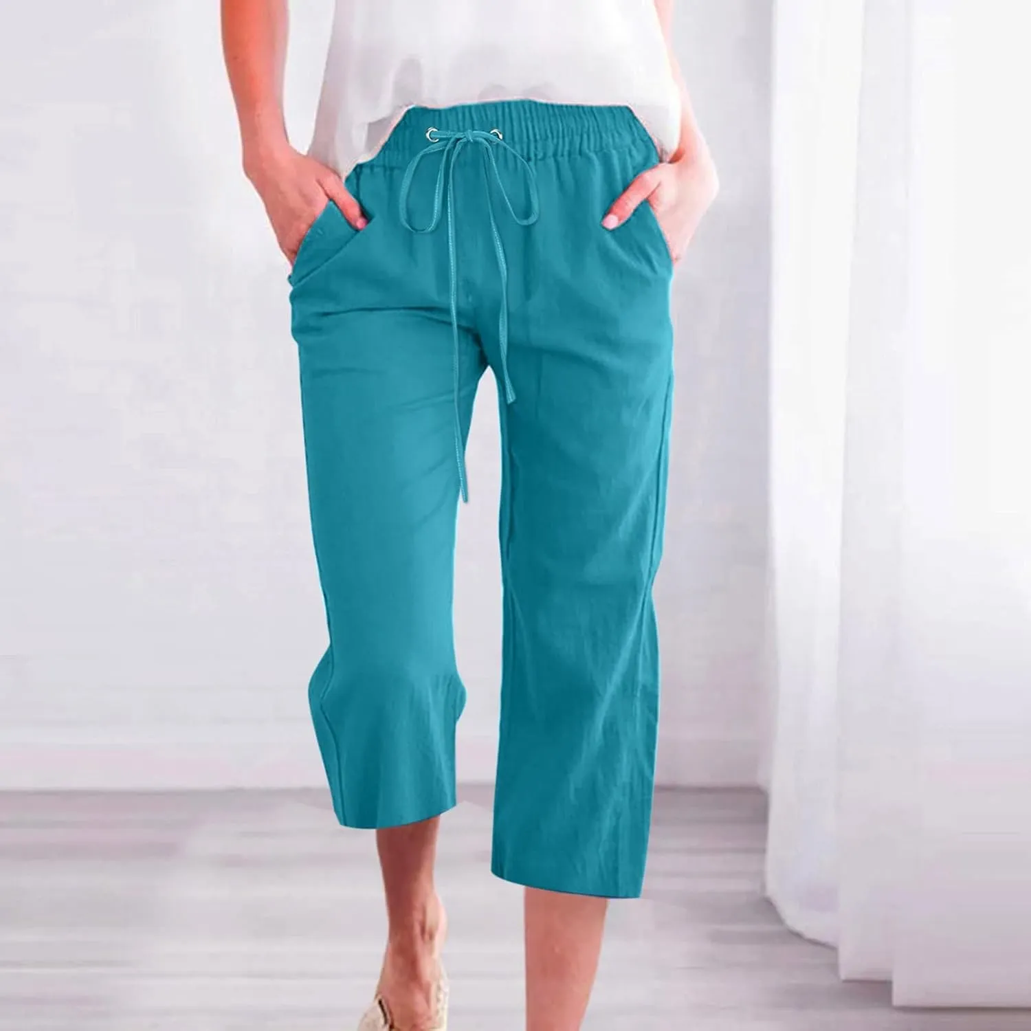 Linen Pants Women White Linen Pants Women Summer Pants 2024 Wide Leg Pants Woman Elastic Drastring Capris Trousers