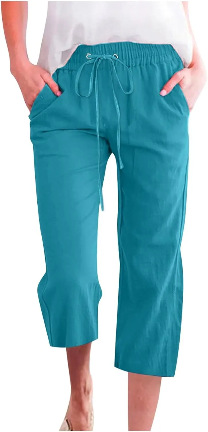 Linen Pants Women White Linen Pants Women Summer Pants 2024 Wide Leg Pants Woman Elastic Drastring Capris Trousers