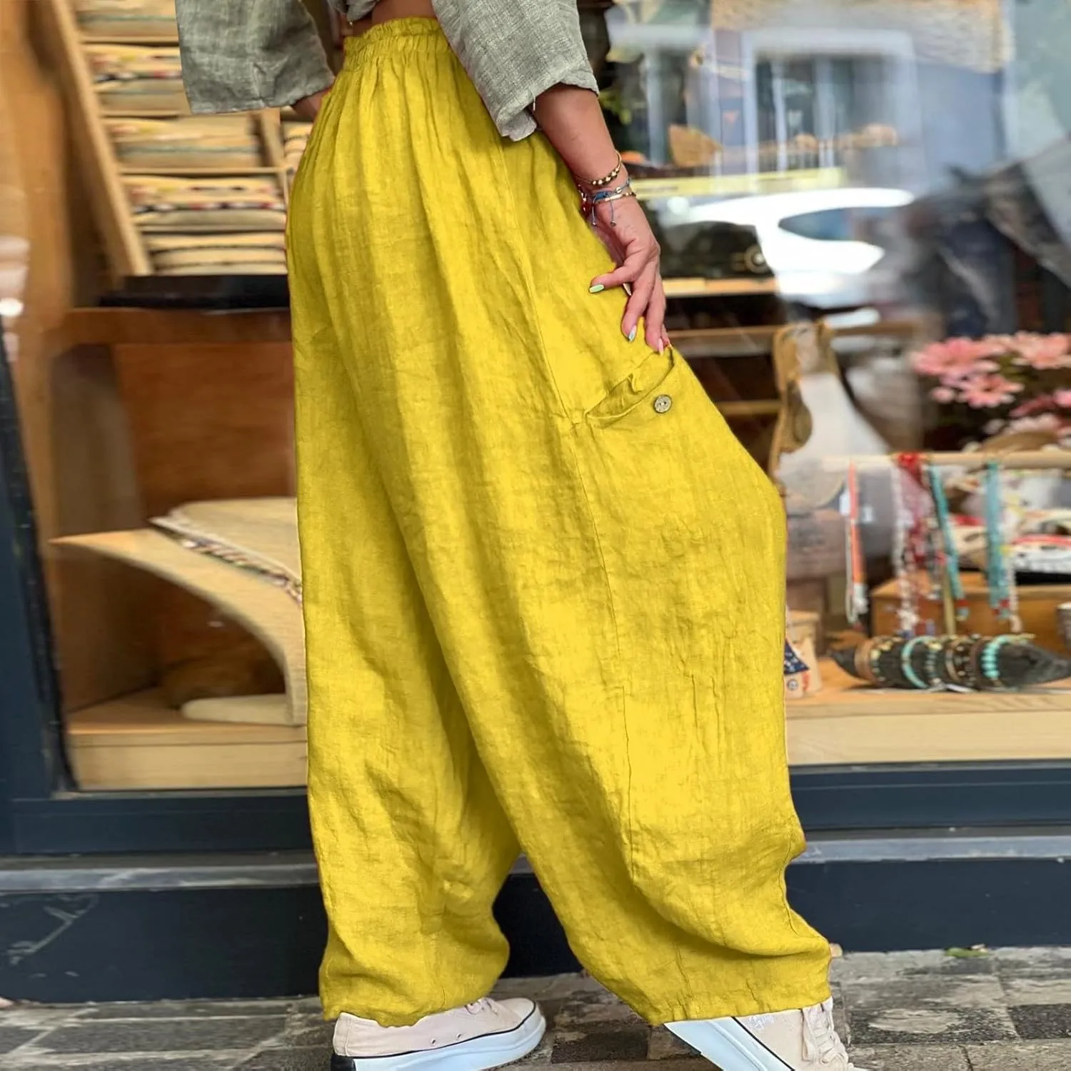 Linen Pants Women Women'sCotton and Linen Solid Color Pocket Baggy Casual Pants Beach Travel Vacation Clothe Flowy