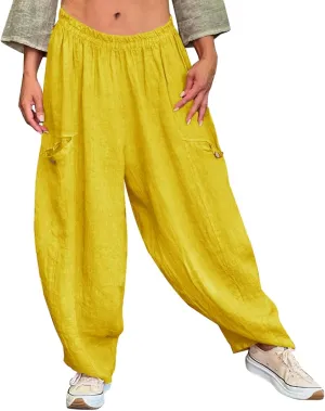 Linen Pants Women Women'sCotton and Linen Solid Color Pocket Baggy Casual Pants Beach Travel Vacation Clothe Flowy