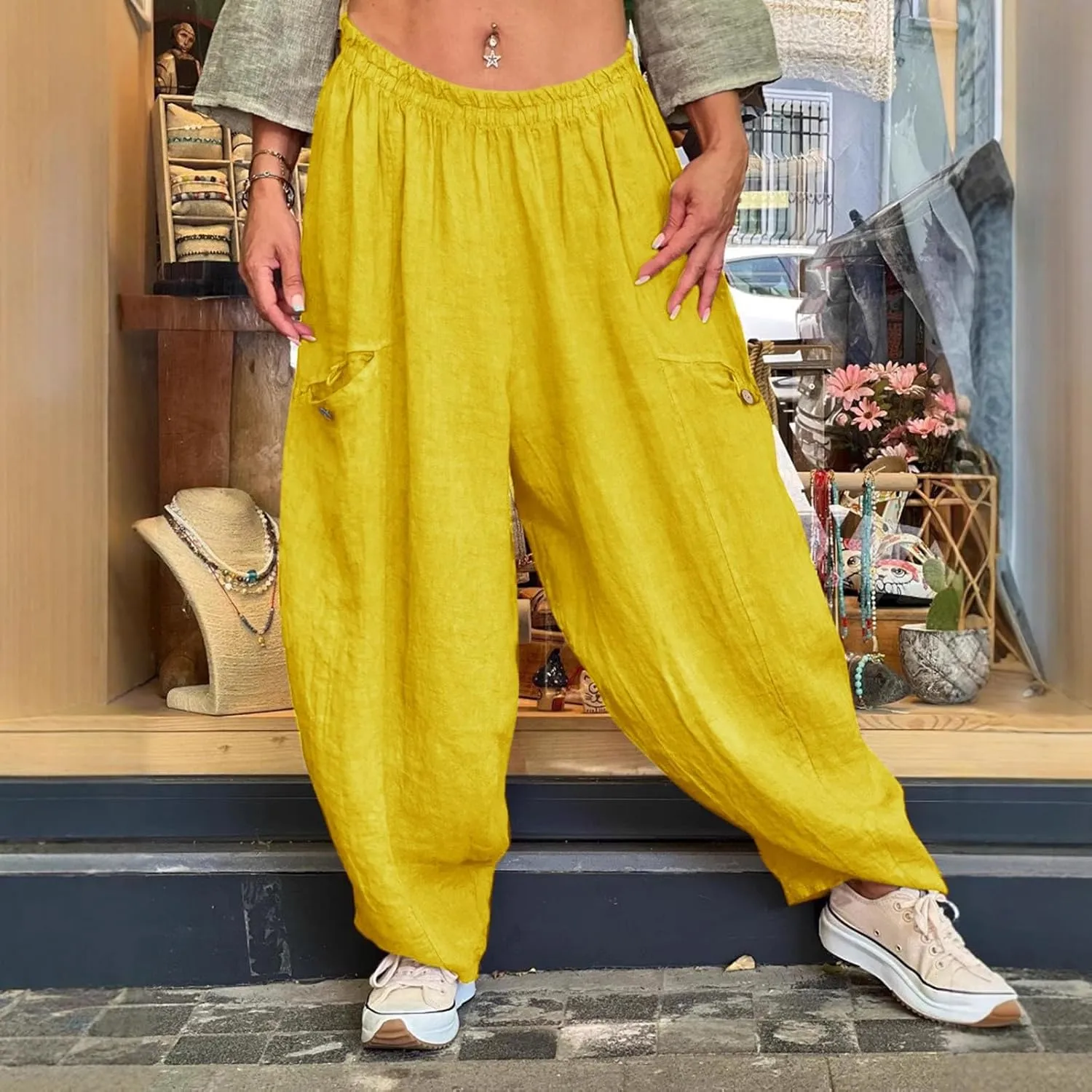 Linen Pants Women Women'sCotton and Linen Solid Color Pocket Baggy Casual Pants Beach Travel Vacation Clothe Flowy