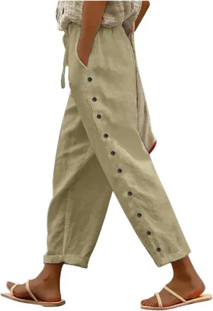 Linen Pants Womens Summer Casual Elastic Waist Drawstring Baggy Lightweight Trendy Palazzo Harem Trouser with Pockets