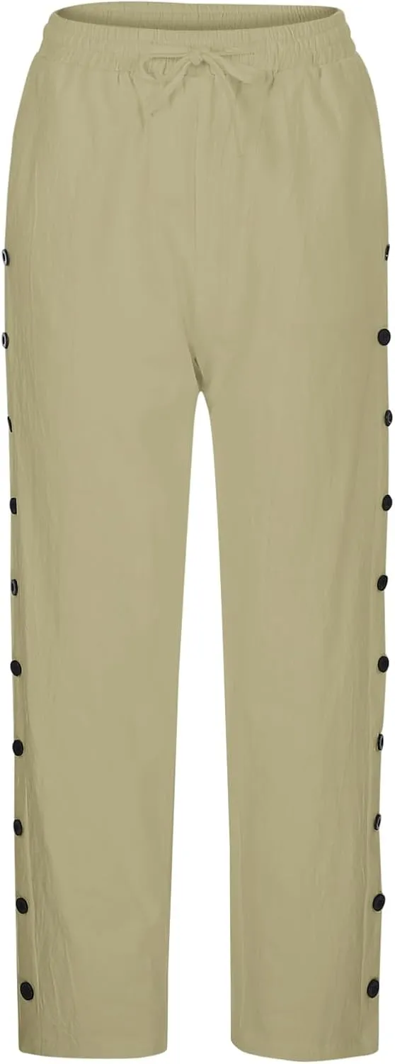 Linen Pants Womens Summer Casual Elastic Waist Drawstring Baggy Lightweight Trendy Palazzo Harem Trouser with Pockets
