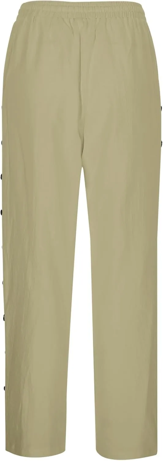 Linen Pants Womens Summer Casual Elastic Waist Drawstring Baggy Lightweight Trendy Palazzo Harem Trouser with Pockets