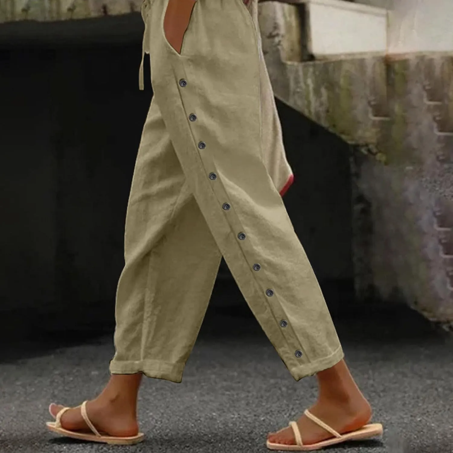 Linen Pants Womens Summer Casual Elastic Waist Drawstring Baggy Lightweight Trendy Palazzo Harem Trouser with Pockets