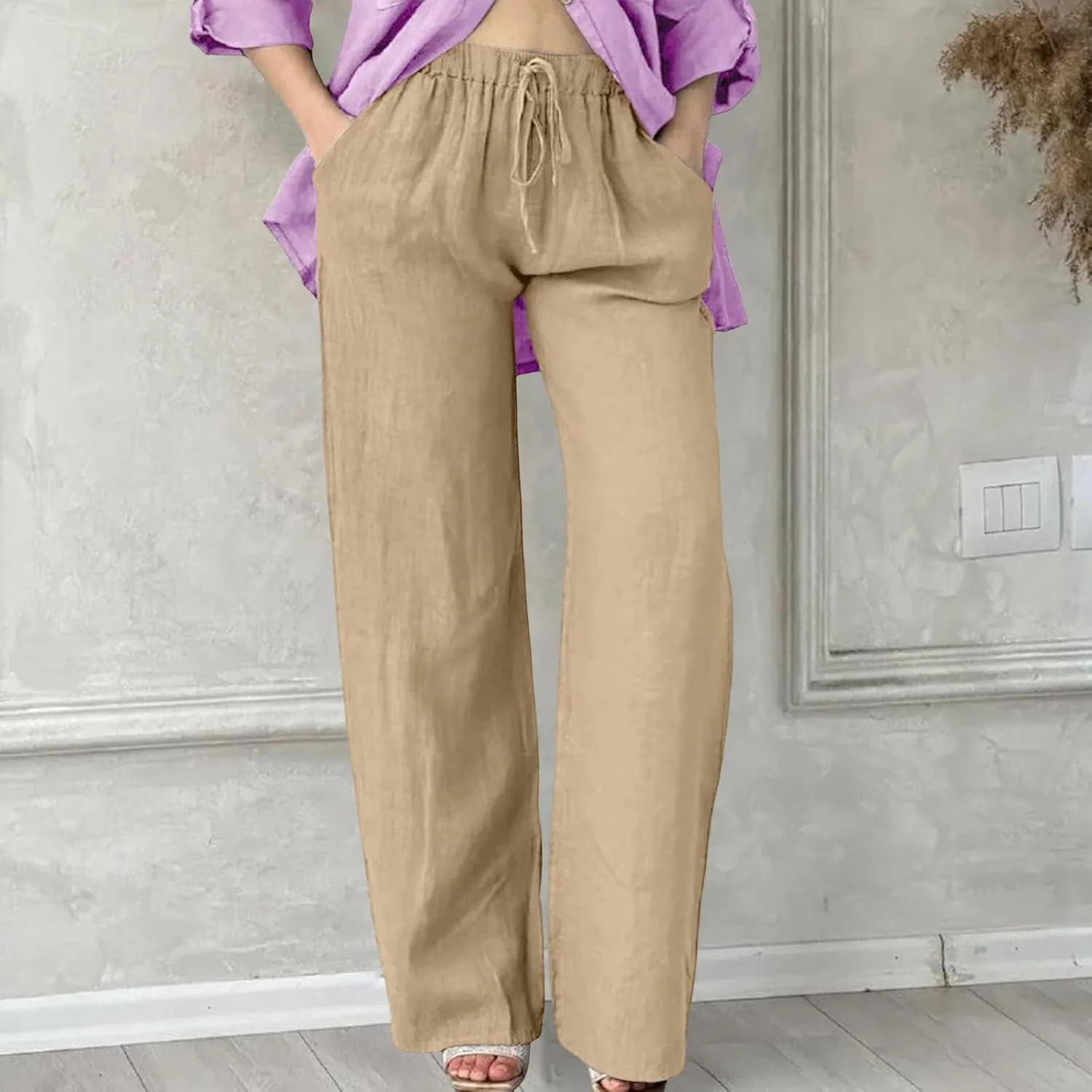 Linen Wide Leg Pants for Women Casual Summer Elastic Waist Beach Pants Loose Fit Flowy Lounge Trousers with Pockets