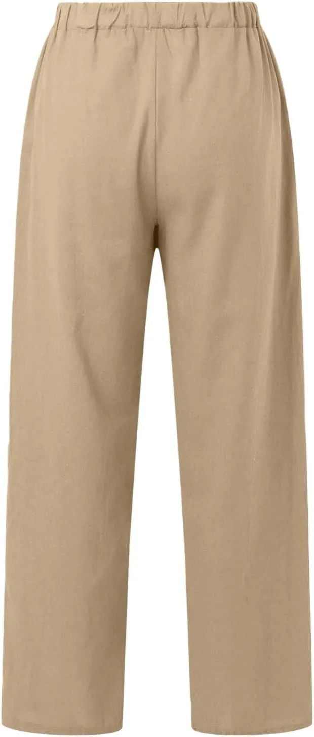 Linen Wide Leg Pants for Women Casual Summer Elastic Waist Beach Pants Loose Fit Flowy Lounge Trousers with Pockets