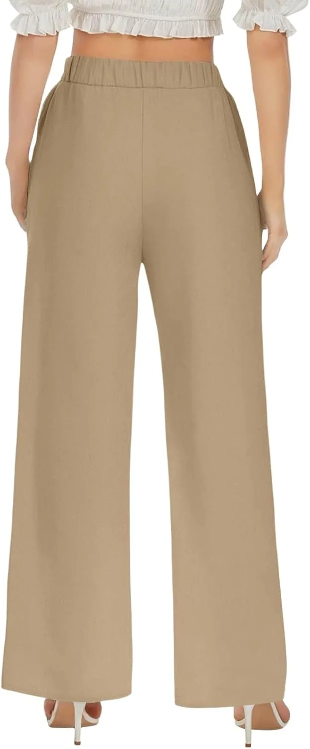 Linen Wide Leg Pants for Women Casual Summer Elastic Waist Beach Pants Loose Fit Flowy Lounge Trousers with Pockets