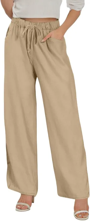 Linen Wide Leg Pants for Women Casual Summer Elastic Waist Beach Pants Loose Fit Flowy Lounge Trousers with Pockets