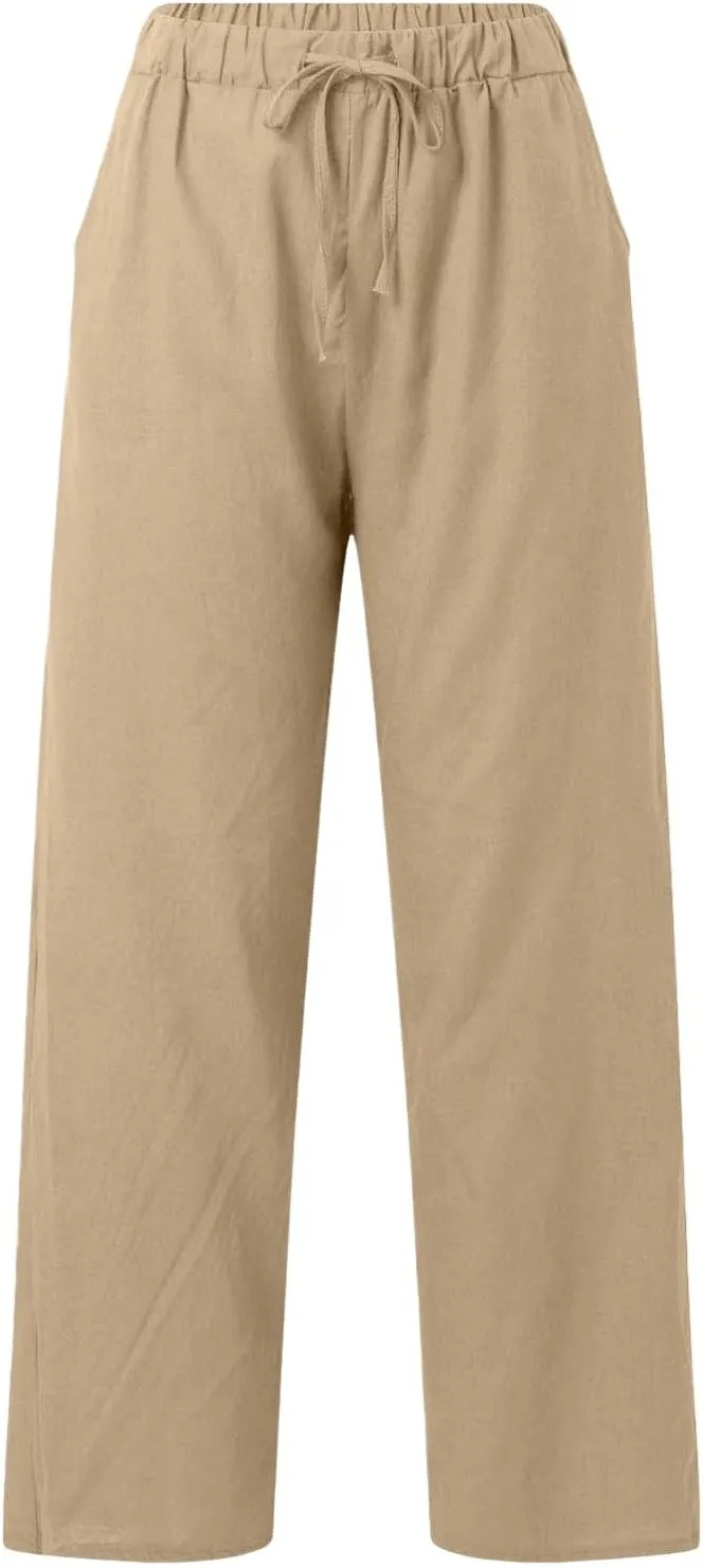 Linen Wide Leg Pants for Women Casual Summer Elastic Waist Beach Pants Loose Fit Flowy Lounge Trousers with Pockets