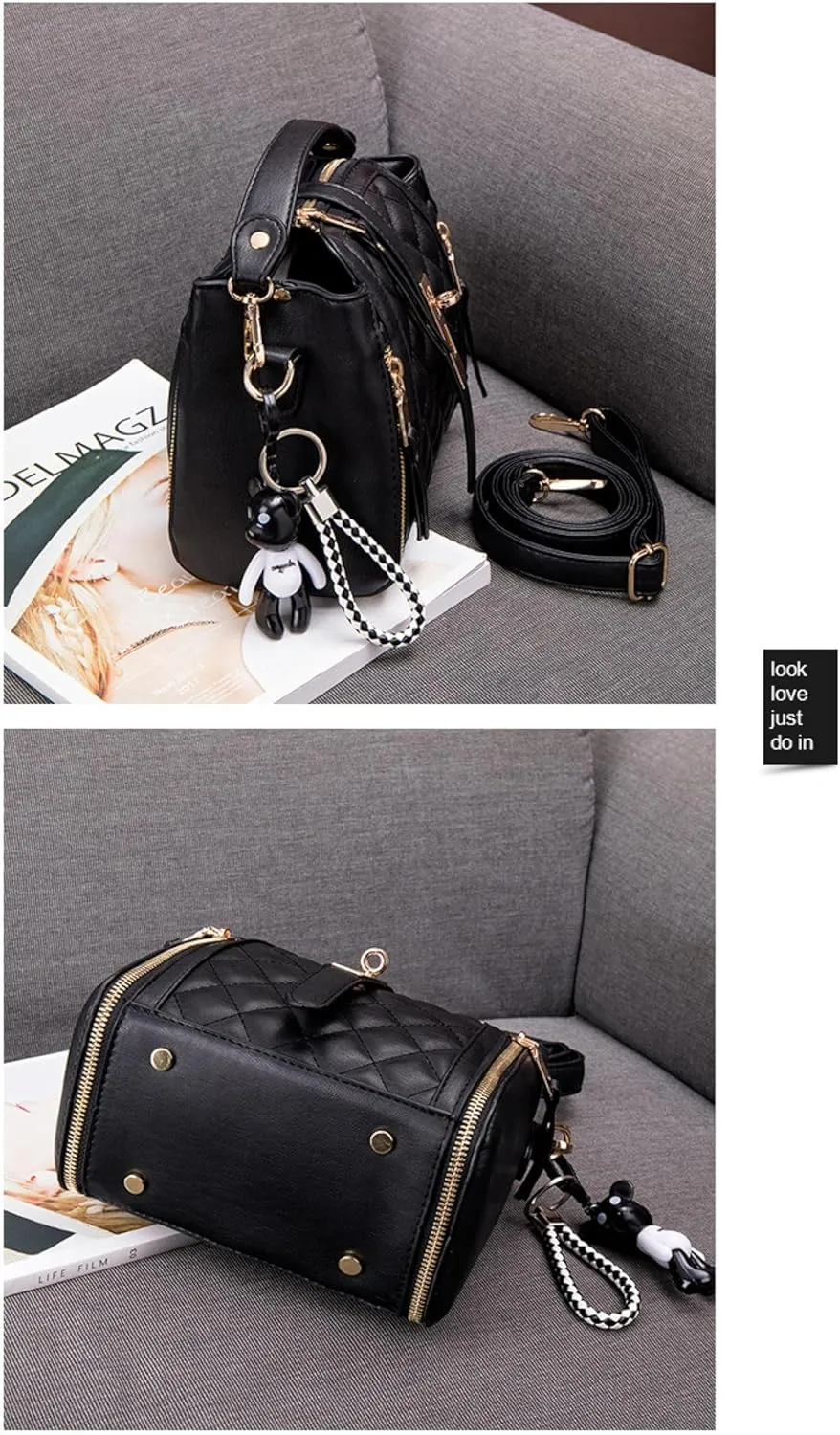 Lingge Bag Women's Cross-Body Bucket Women's Bag Leather Small Black Bag