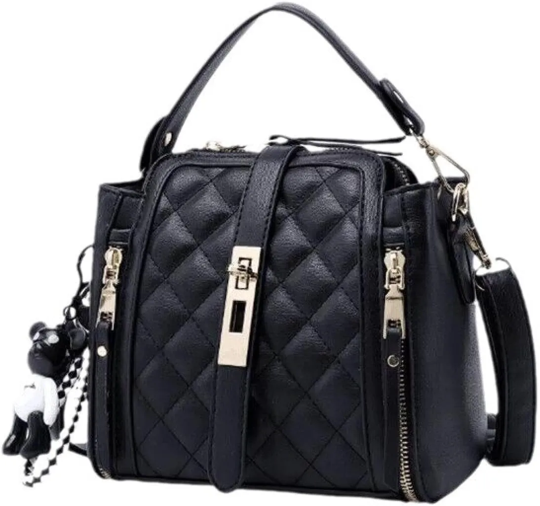 Lingge Bag Women's Cross-Body Bucket Women's Bag Leather Small Black Bag