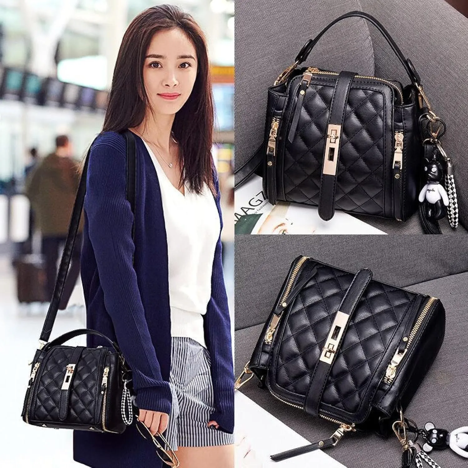 Lingge Bag Women's Cross-Body Bucket Women's Bag Leather Small Black Bag