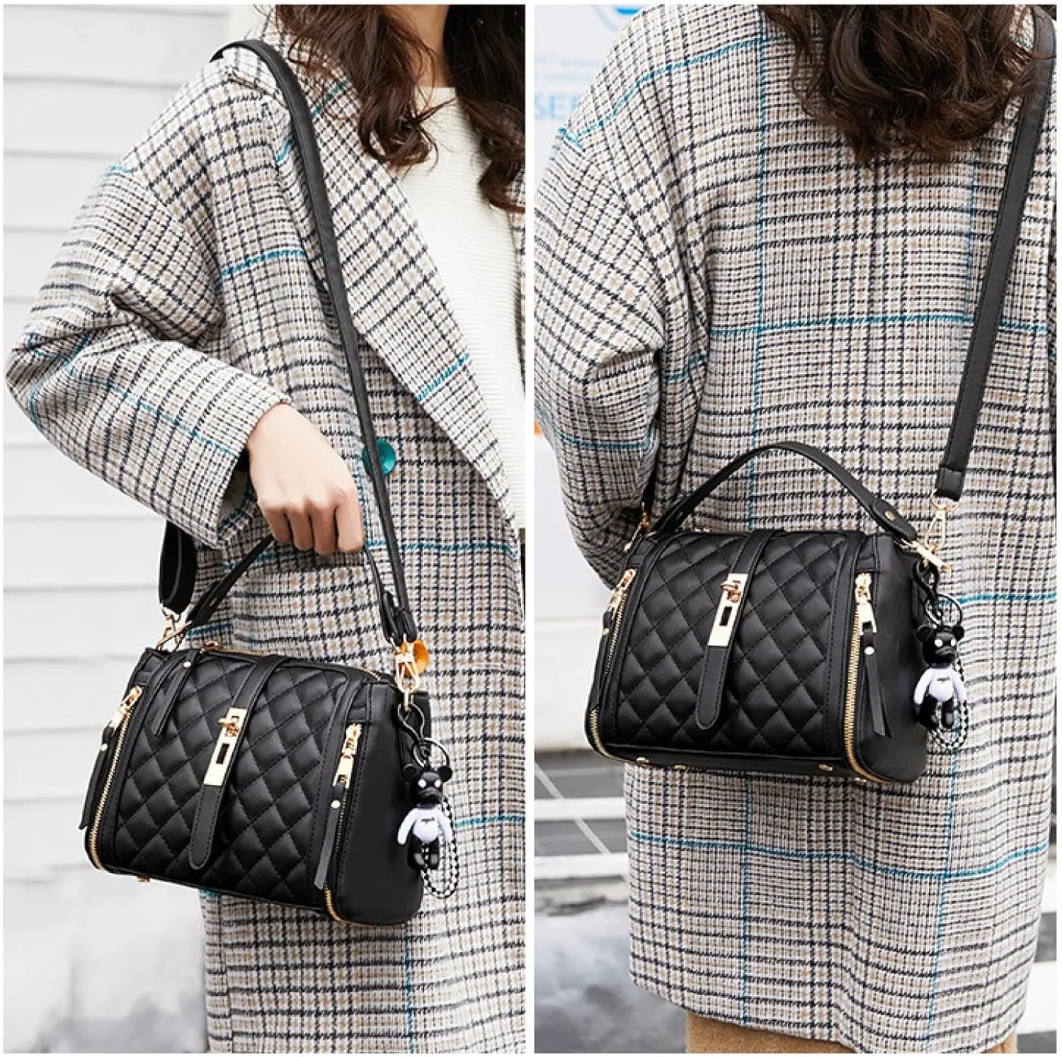 Lingge Bag Women's Cross-Body Bucket Women's Bag Leather Small Black Bag