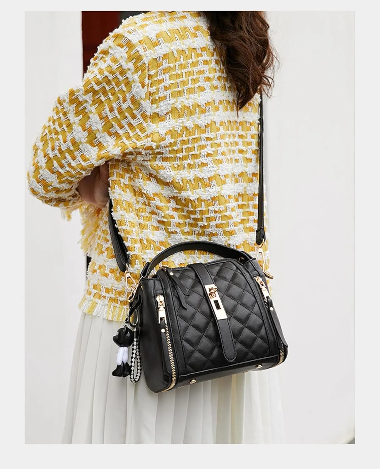 Lingge Bag Women's Cross-Body Bucket Women's Bag Leather Small Black Bag