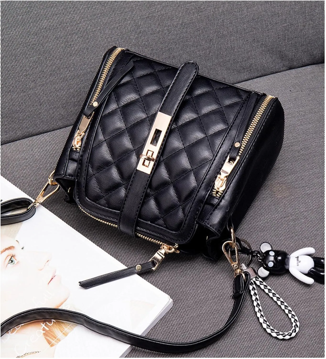Lingge Bag Women's Cross-Body Bucket Women's Bag Leather Small Black Bag