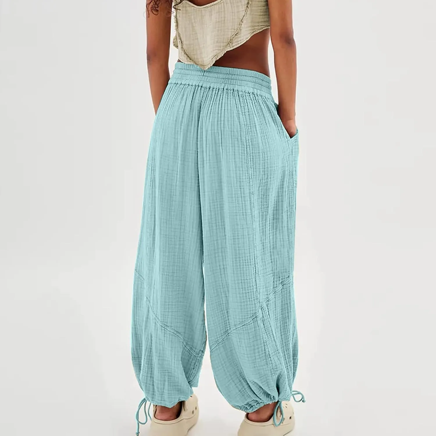 Litetao Linen Pants Women Summer Short Womens Casual Elastic Drawstring Pants Straight Trousers with Pockets Cargo Pants
