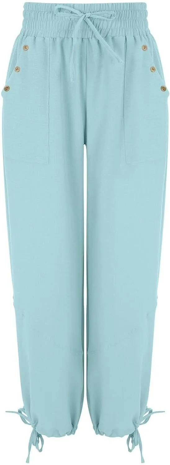 Litetao Linen Pants Women Summer Short Womens Casual Elastic Drawstring Pants Straight Trousers with Pockets Cargo Pants