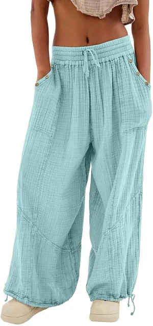 Litetao Linen Pants Women Summer Short Womens Casual Elastic Drawstring Pants Straight Trousers with Pockets Cargo Pants