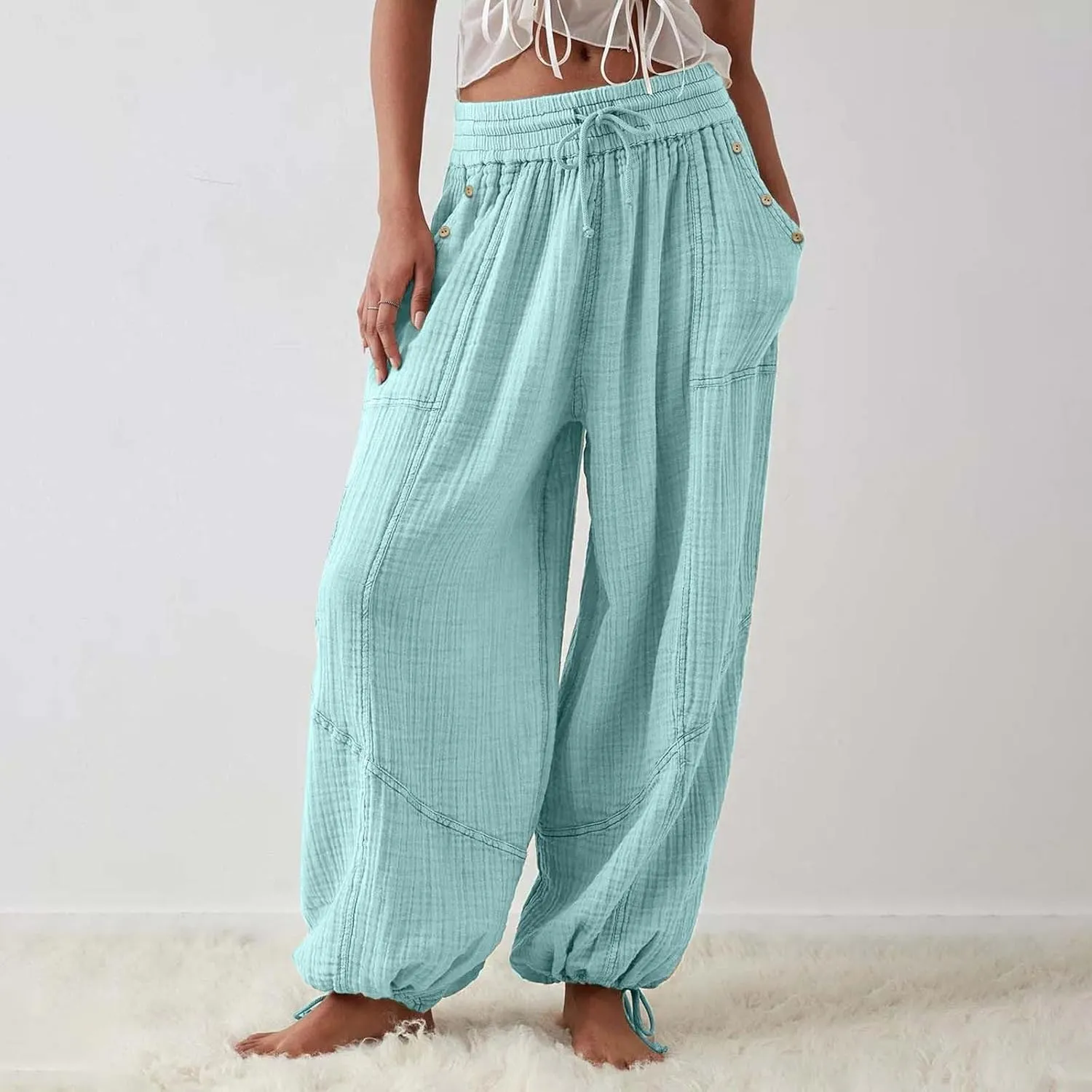 Litetao Linen Pants Women Summer Short Womens Casual Elastic Drawstring Pants Straight Trousers with Pockets Cargo Pants