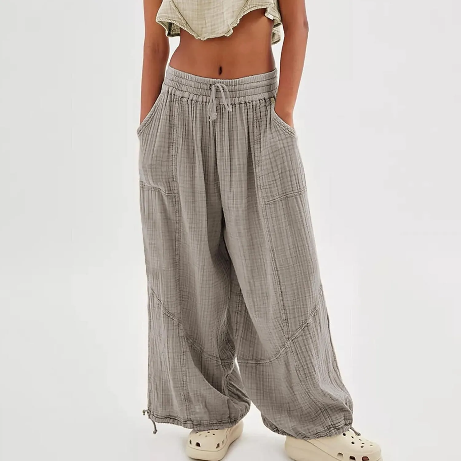 Litetao Wide Leg Pants Women Plus Size Comfy Hippie Harem Pants Baggy Linen High Waist Sweatpants Casual Trouser with Pockets