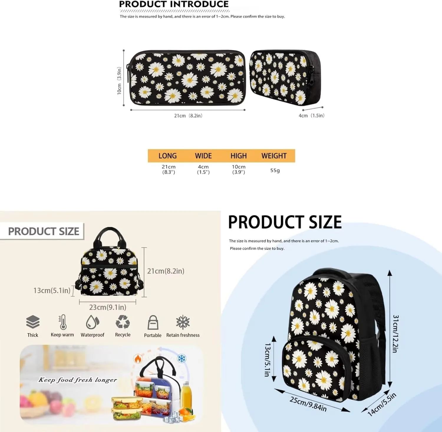 Little Daisy School Backpack for High School Backpack for Teens 3Pcs School Bag Set Breathable Bento Box Lunch Bag for Kids Women School Bags for Girls with Lunch Bag Pencil Box
