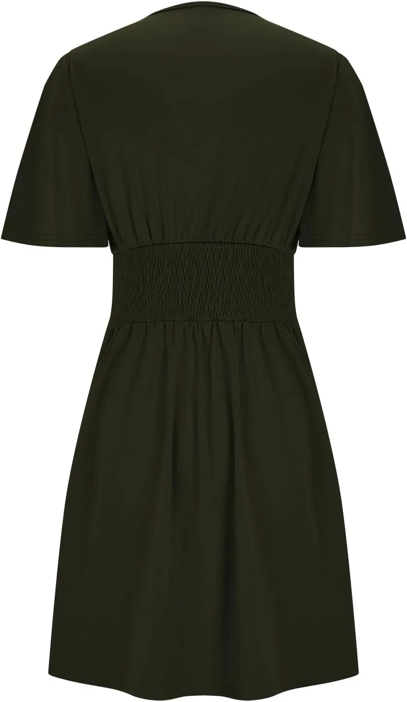 Lmdudan 2025 Women's Summer Dress Short Sleeve Deep V Neck Elegant Ruffle Mini Dress Elastic Waist Dresses Vacation Sundress